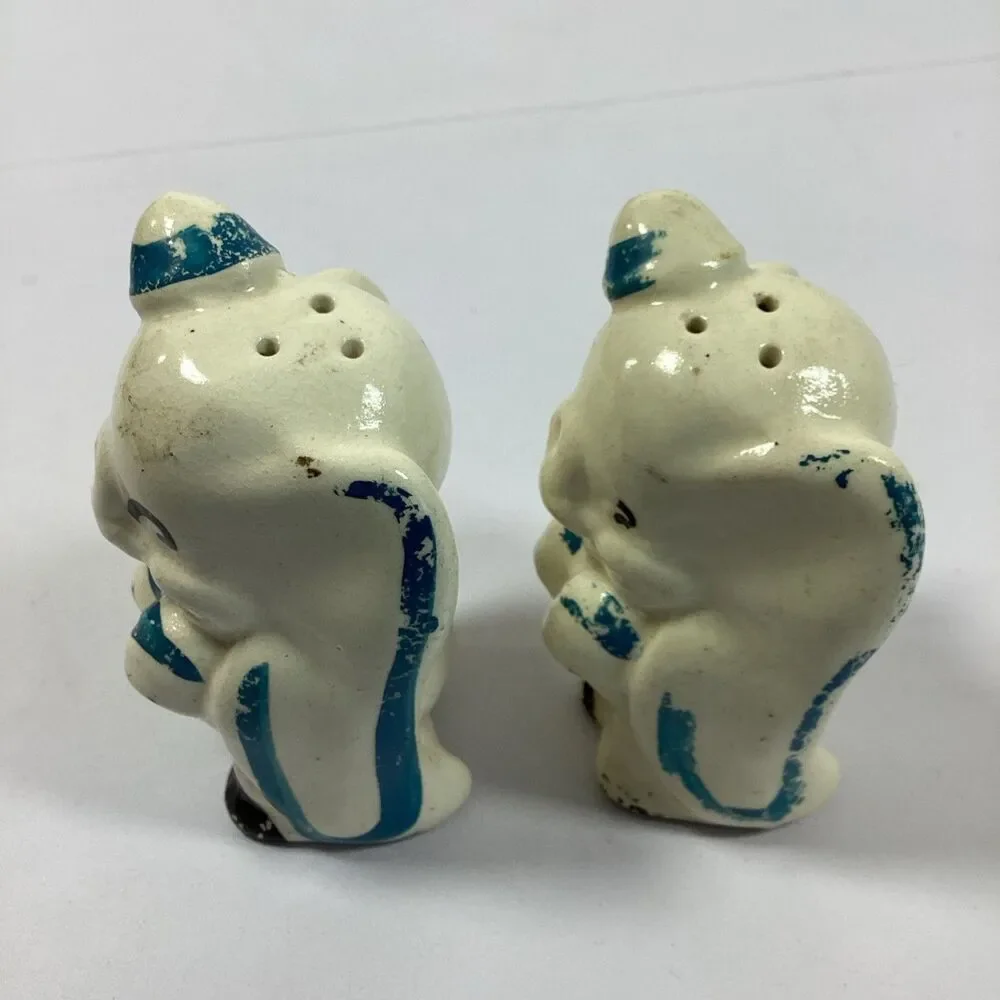 Vintage Ceramic Elephant Salt and Pepper Shakers Blue Hat Cork Stopper 3